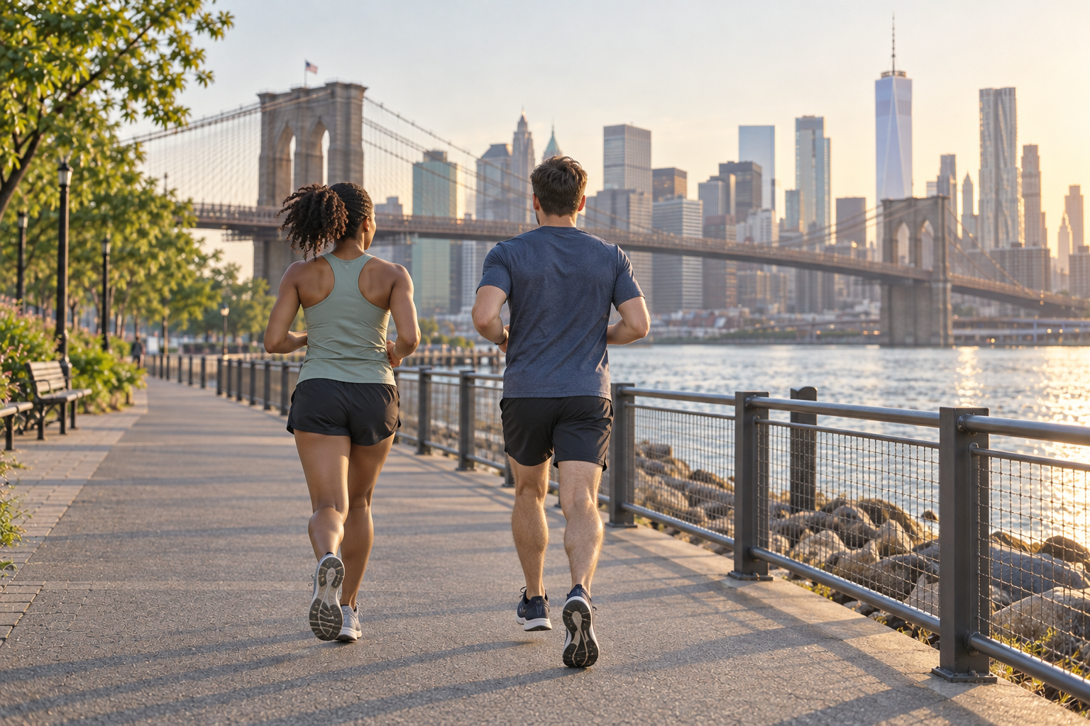 Rear view of Black and white runners training beside the Brooklyn Bridge and Manhattan skyline in New York City.