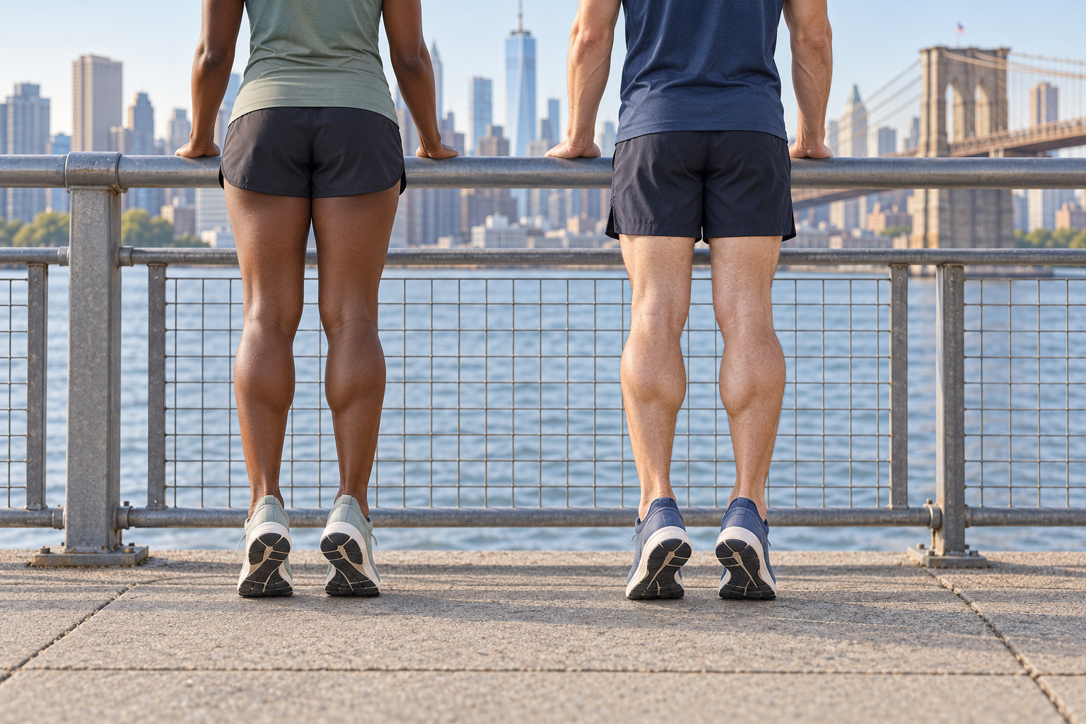 Rear view of a Black runner and a white runner practicing supported heel raises beside a New York City waterfront railing.